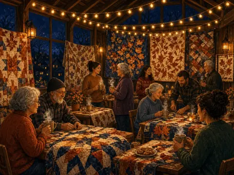 Illustration of a community hall with quilts, string lights and cocoa mugs